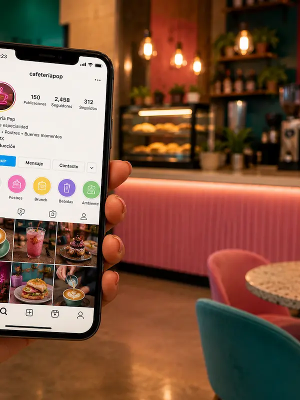 Perfil de redes sociales bien organizado para una cafetería