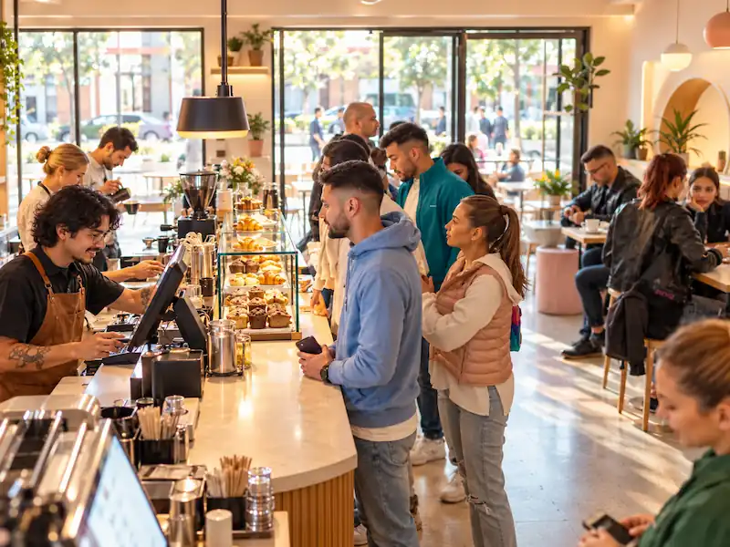 Cafetería con promoción organizada y clientes comprando