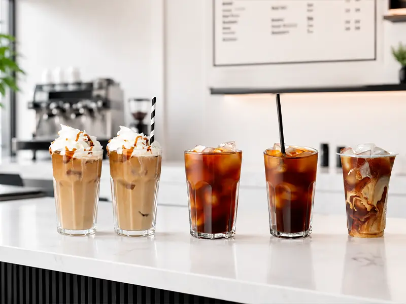 Menú de bebidas frías para cafetería con precios y opciones