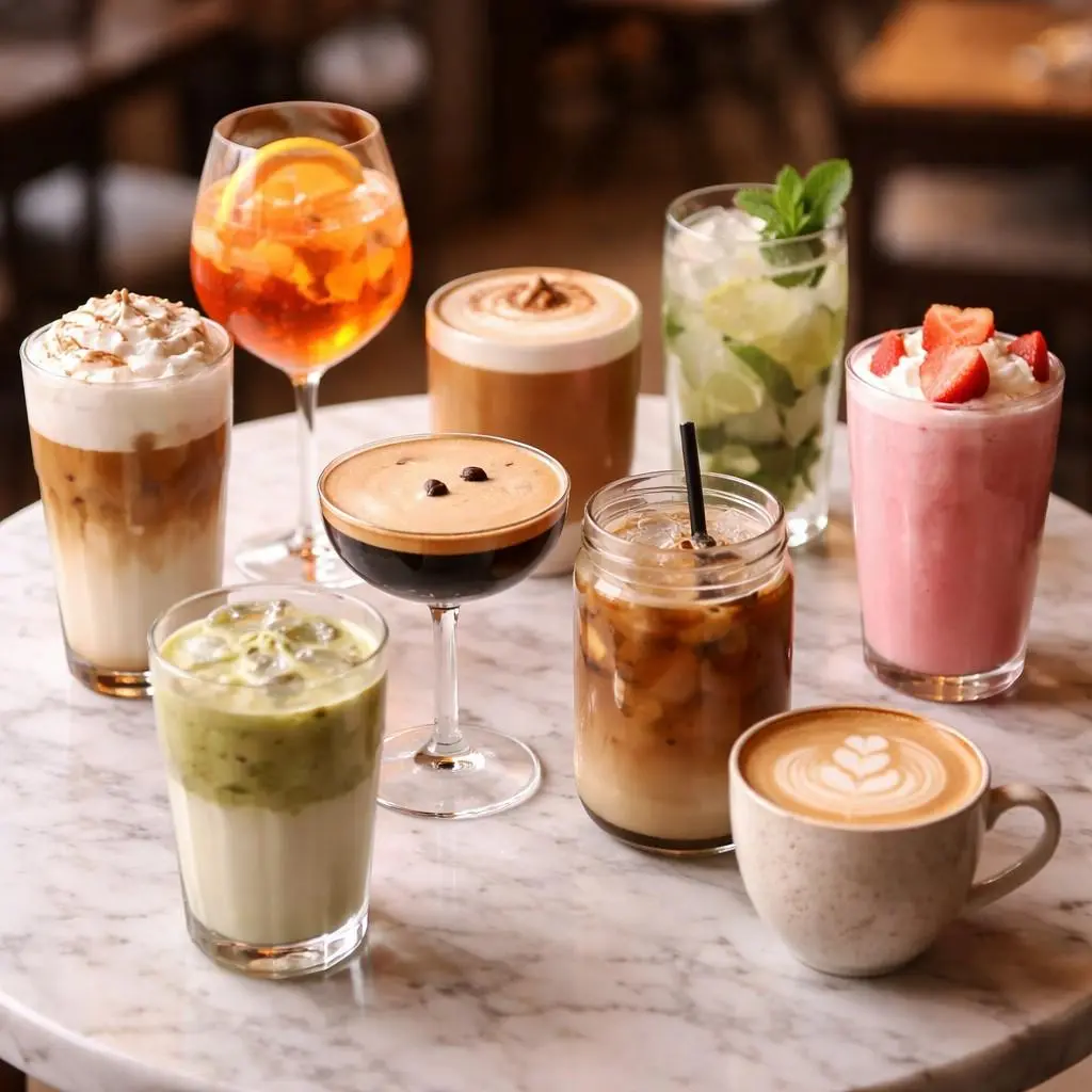 Bebidas calientes y frías de temporada en una cafetería