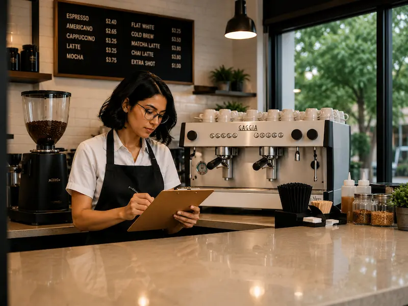 Encargado revisando el checklist de apertura de una cafetería