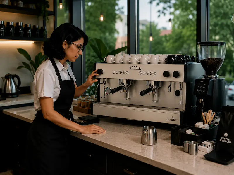 Barista encendiendo y revisando equipos profesionales de cafetería