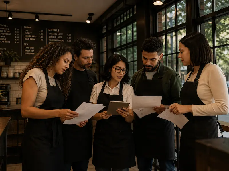 Equipo de cafetería capacitado revisando procedimientos de apertura y cierre