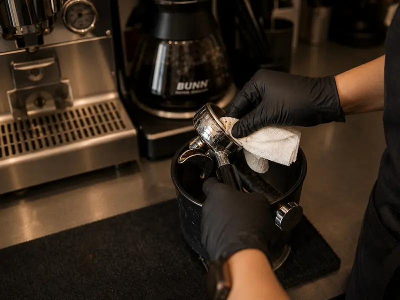 Limpieza de cafetera espresso al cerrar una cafetería