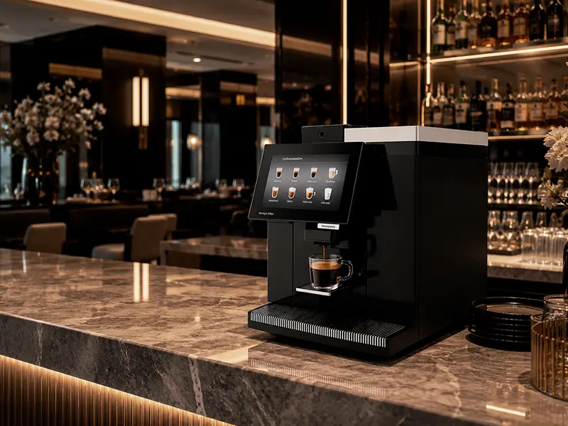 Técnico realizando mantenimiento a cafetera profesional