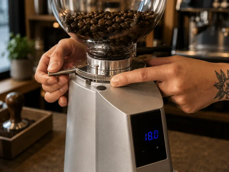 Barista realizando ajuste fino de molienda