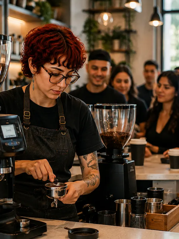 Molino y cafetera durante una hora de alta demanda