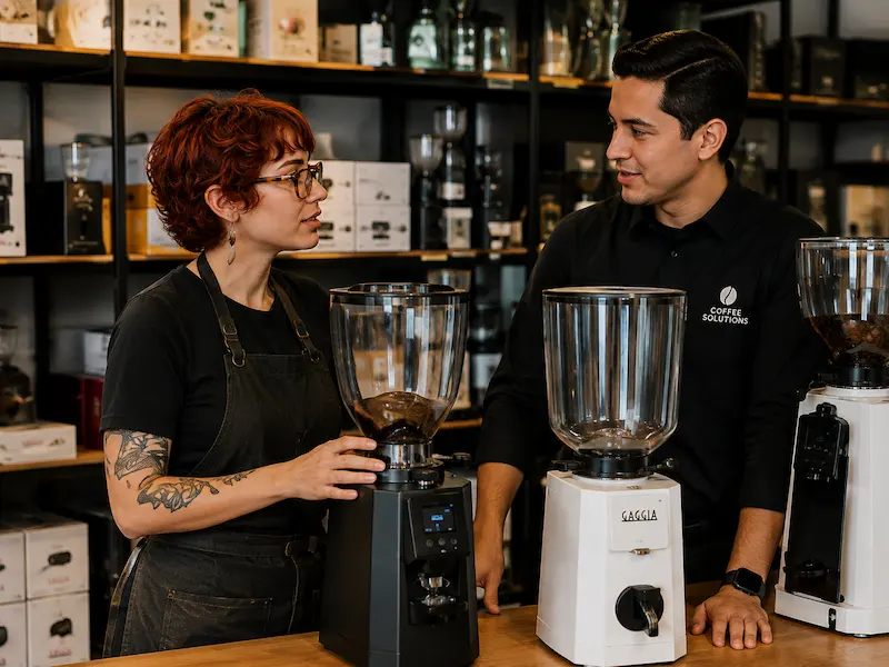 Molino de café profesional instalado junto a una cafetera espresso