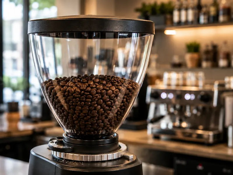 Tolva con granos de café en molino profesional