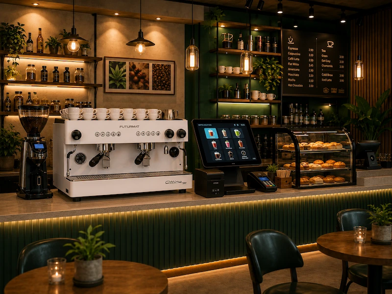 Iluminación y diseño de barra de café
