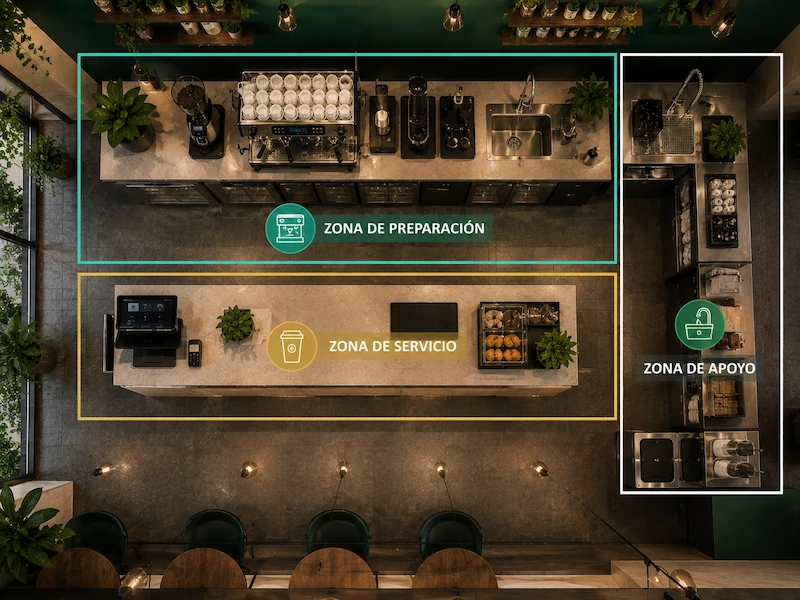 Zonas de trabajo en barra de café