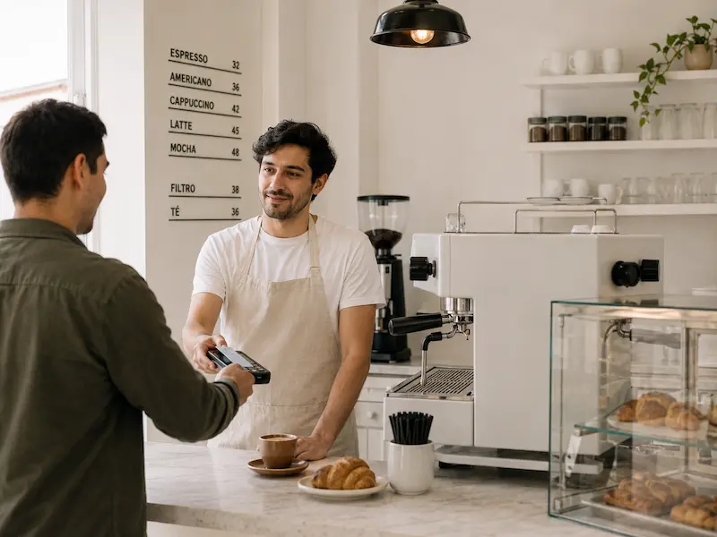 Cafetería pequeña con clientes disfrutando
