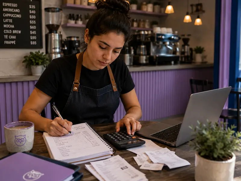 Persona calculando costos de bebidas en libreta