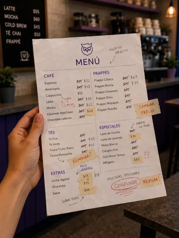 Menú de cafetería con errores comunes