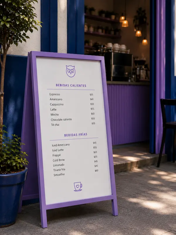 Pizarra con menú de cafetería escrita a mano
