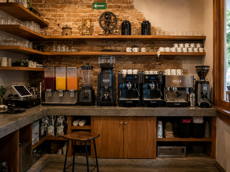 Cafetería pequeña con equipos básicos instalados