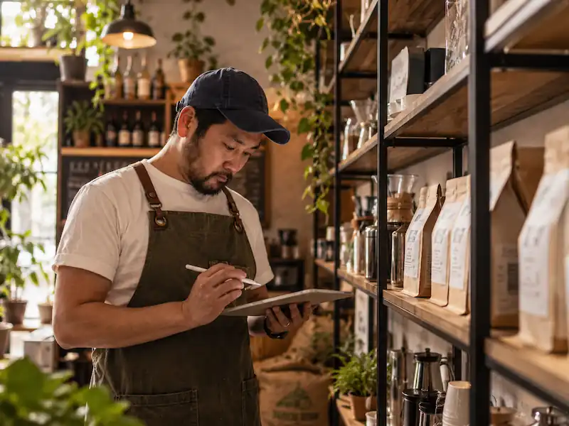 Encargado revisando existencias antes de realizar compras para una cafetería