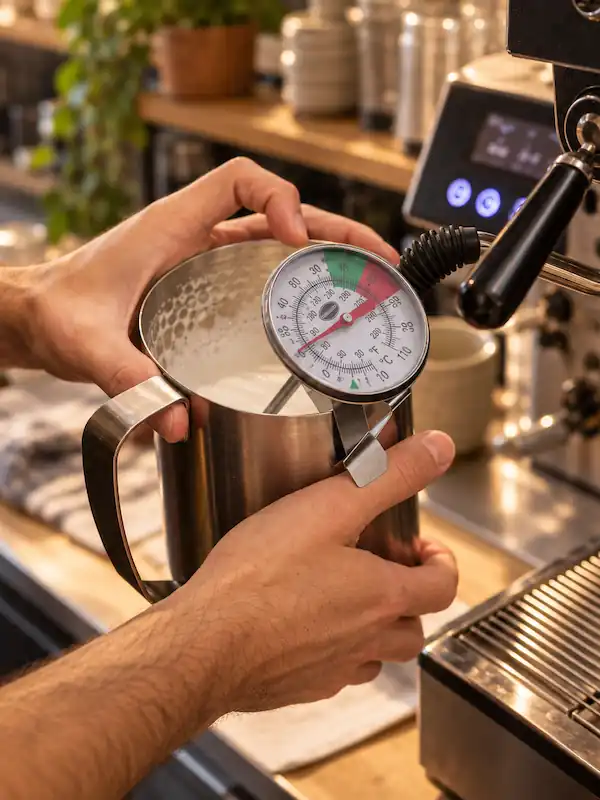Barista midiendo correctamente la leche antes de vaporizarla