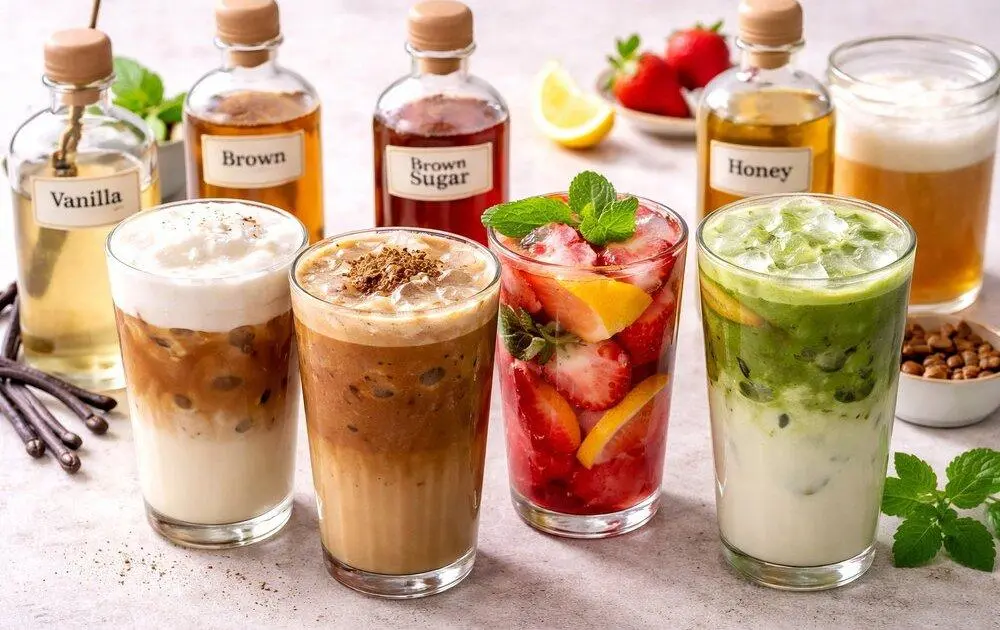 Ingredientes organizados para utilizarse en distintas bebidas de una cafetería