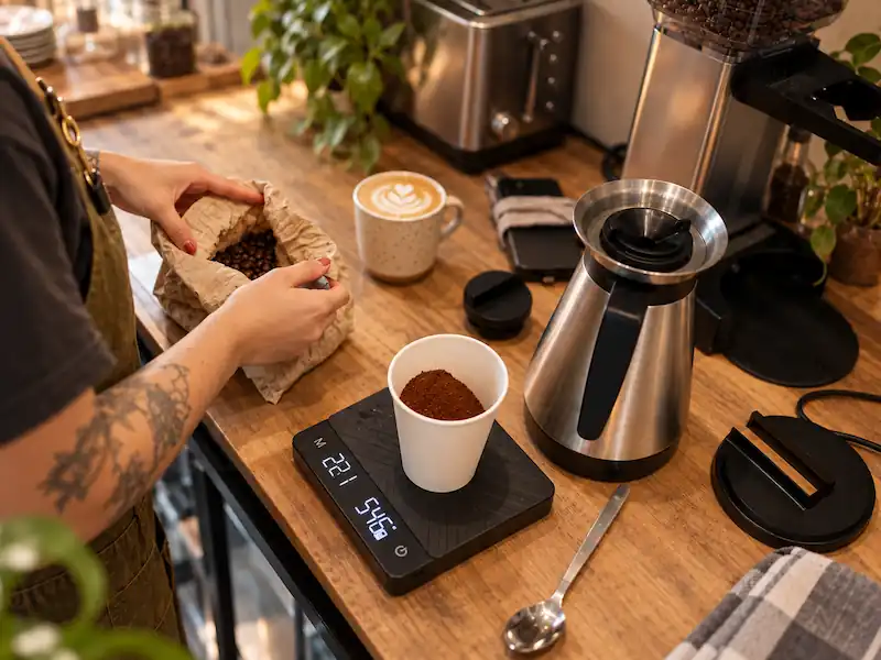 Barista midiendo ingredientes y controlando mermas en una cafetería